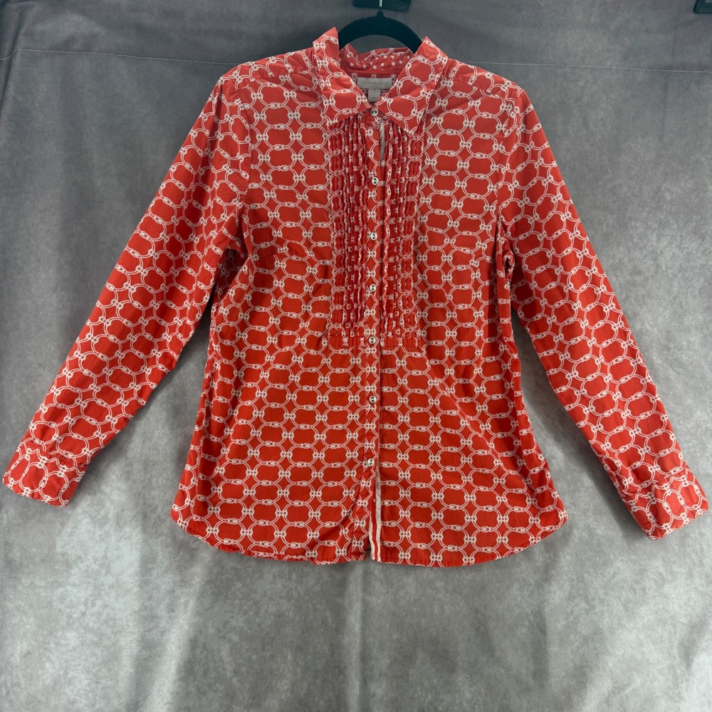 Charter Club Red White Geometric Chain Link Pintuck Button Down Shirt Size 12